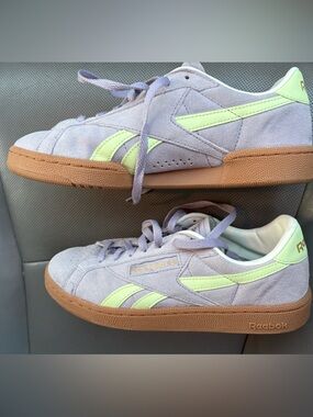 Reebok Club C Grounds Lavender Suede Sneakers with Neon Lime Stripes